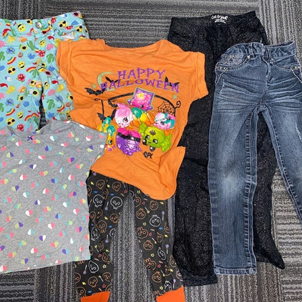 girls 5-6 clothes bundle: jeans pants leggings shirts. halloween emojis glitter